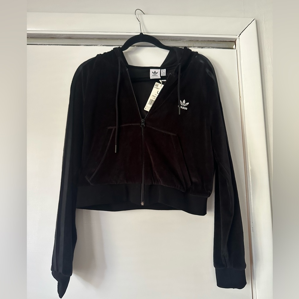 Adidas Black Velour crop Hoodie